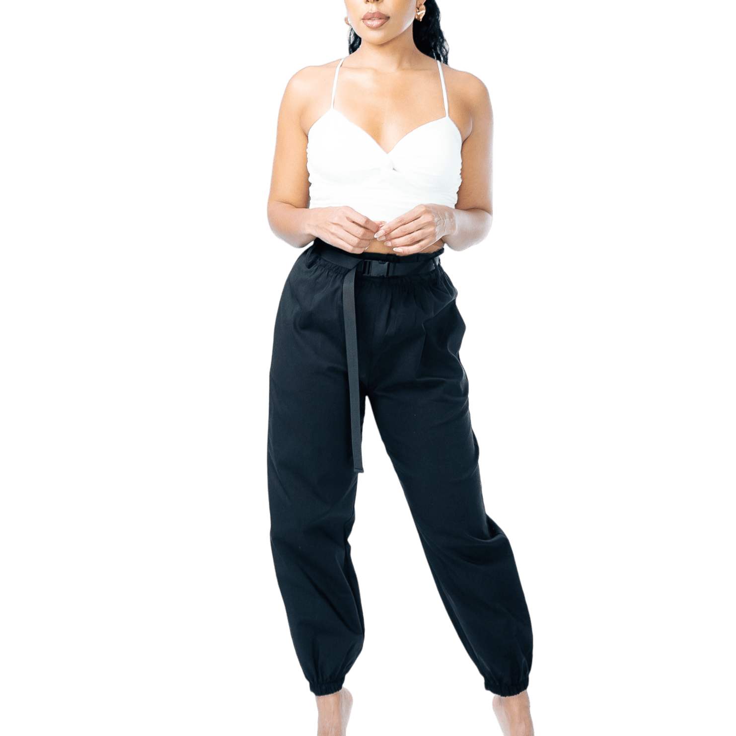 High - Waisted Elastic Cuff Black Tapered Trousers - GRLS CLUB