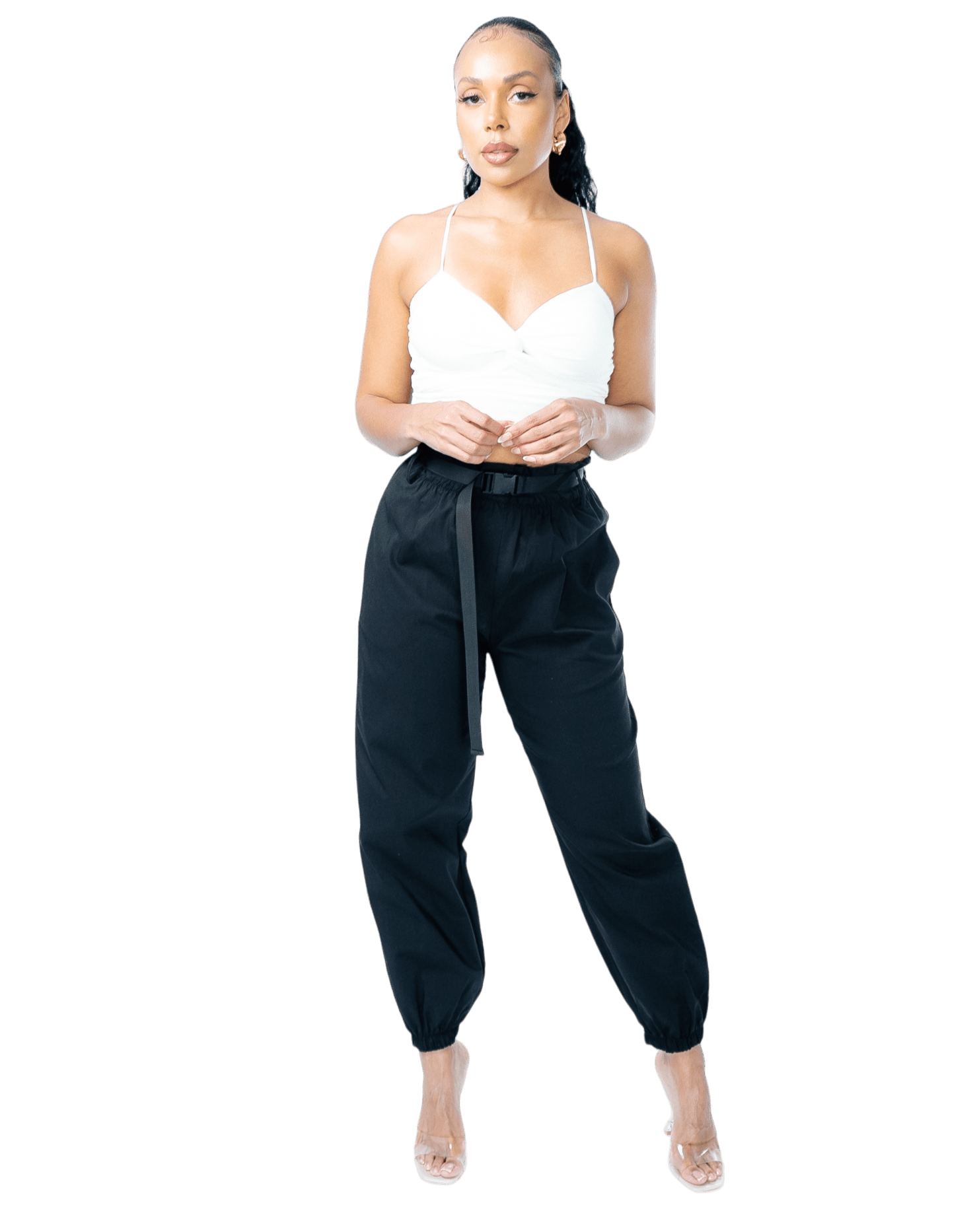 High - Waisted Elastic Cuff Black Tapered Trousers - GRLS CLUB