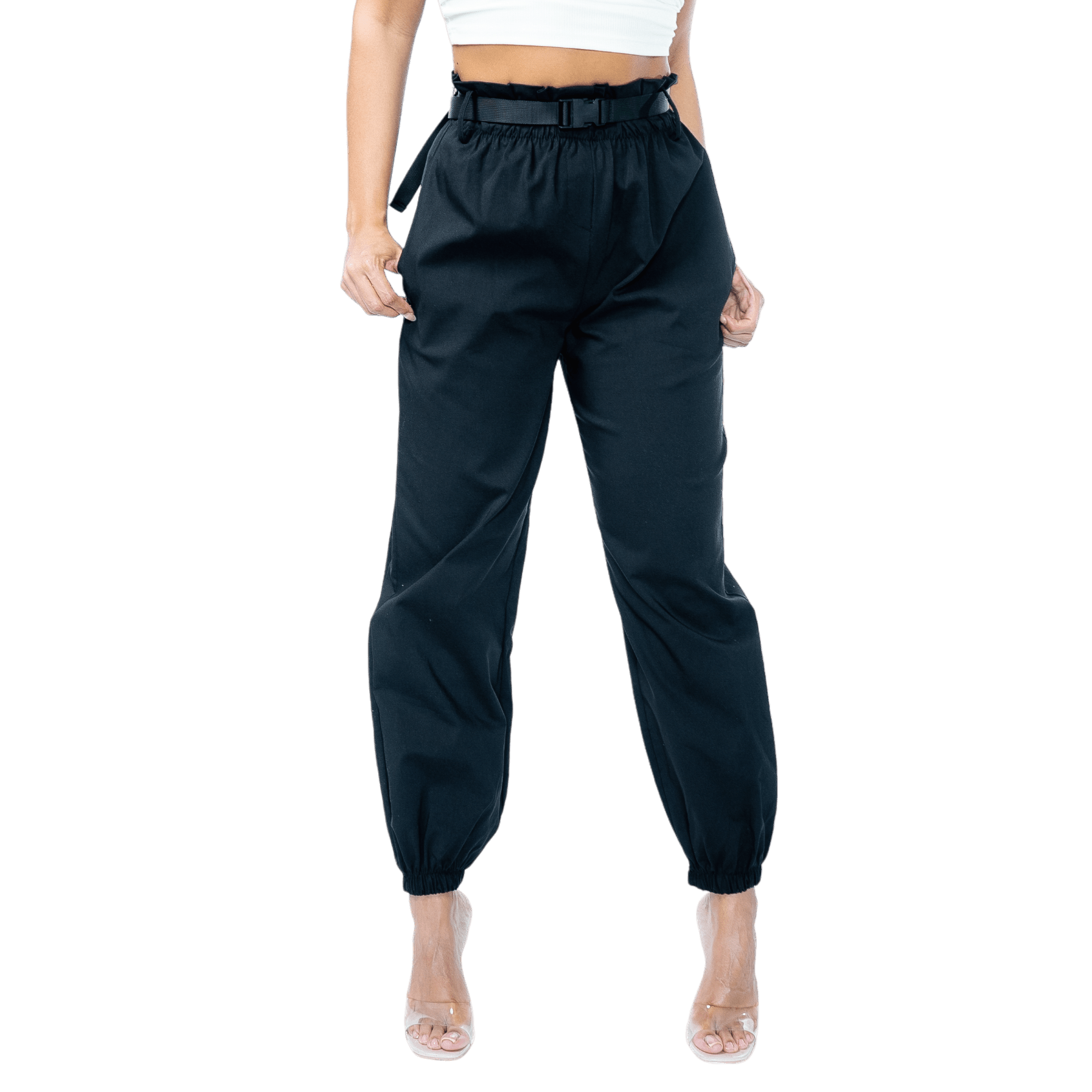 High - Waisted Elastic Cuff Black Tapered Trousers - GRLS CLUB