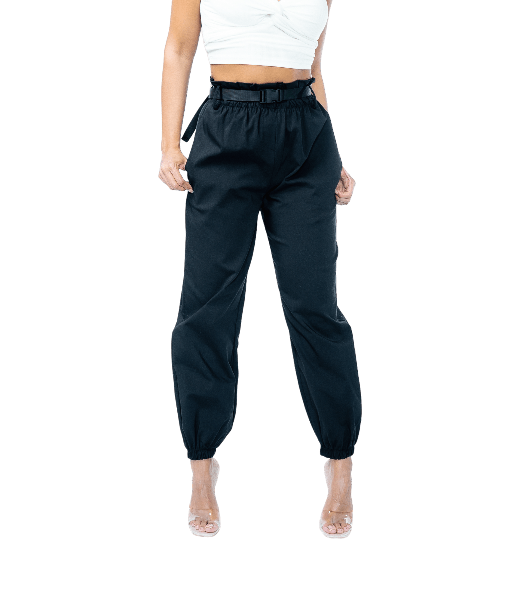 High - Waisted Elastic Cuff Black Tapered Trousers - GRLS CLUB