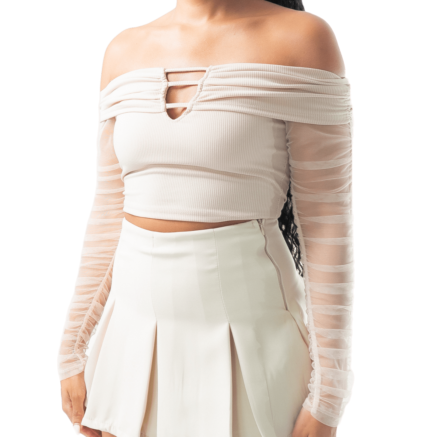 Off - Shoulder Mesh Sleeve Crop Top - GRLS CLUB