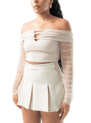 Off - Shoulder Mesh Sleeve Crop Top - GRLS CLUB