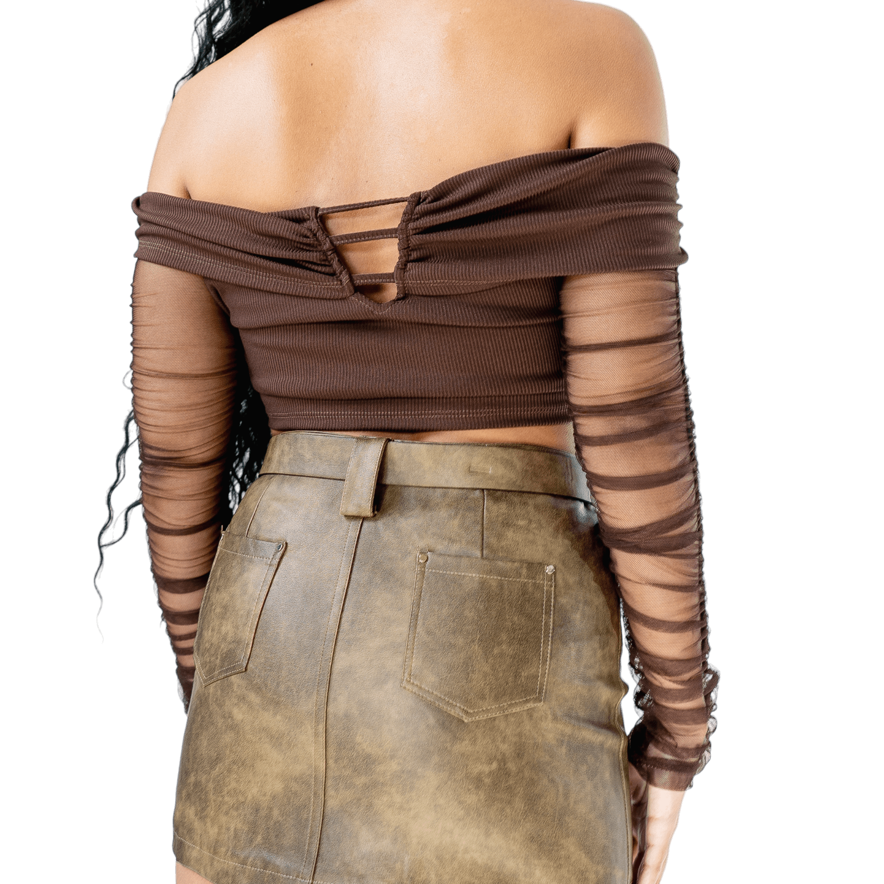 Off - Shoulder Mesh Sleeve Crop Top - GRLS CLUB