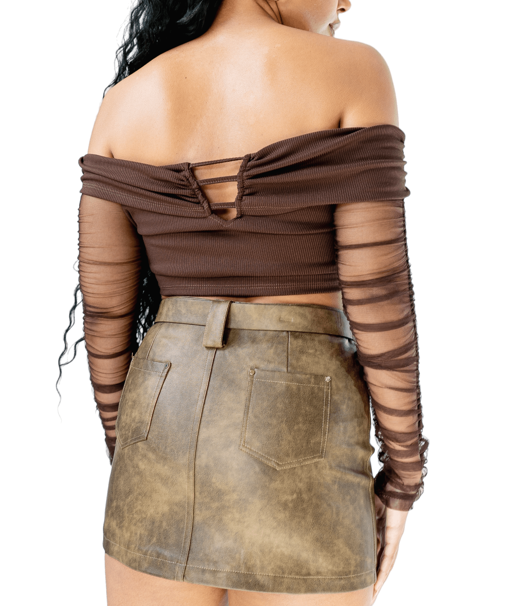 Off - Shoulder Mesh Sleeve Crop Top - GRLS CLUB