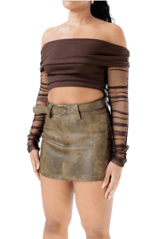 Off - Shoulder Mesh Sleeve Crop Top - GRLS CLUB