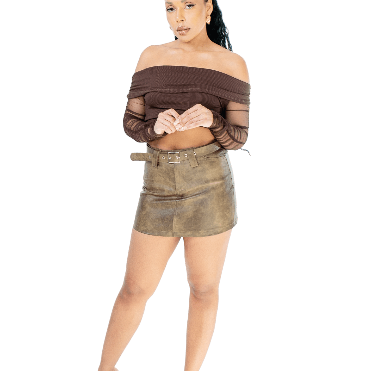 Off - Shoulder Mesh Sleeve Crop Top - GRLS CLUB