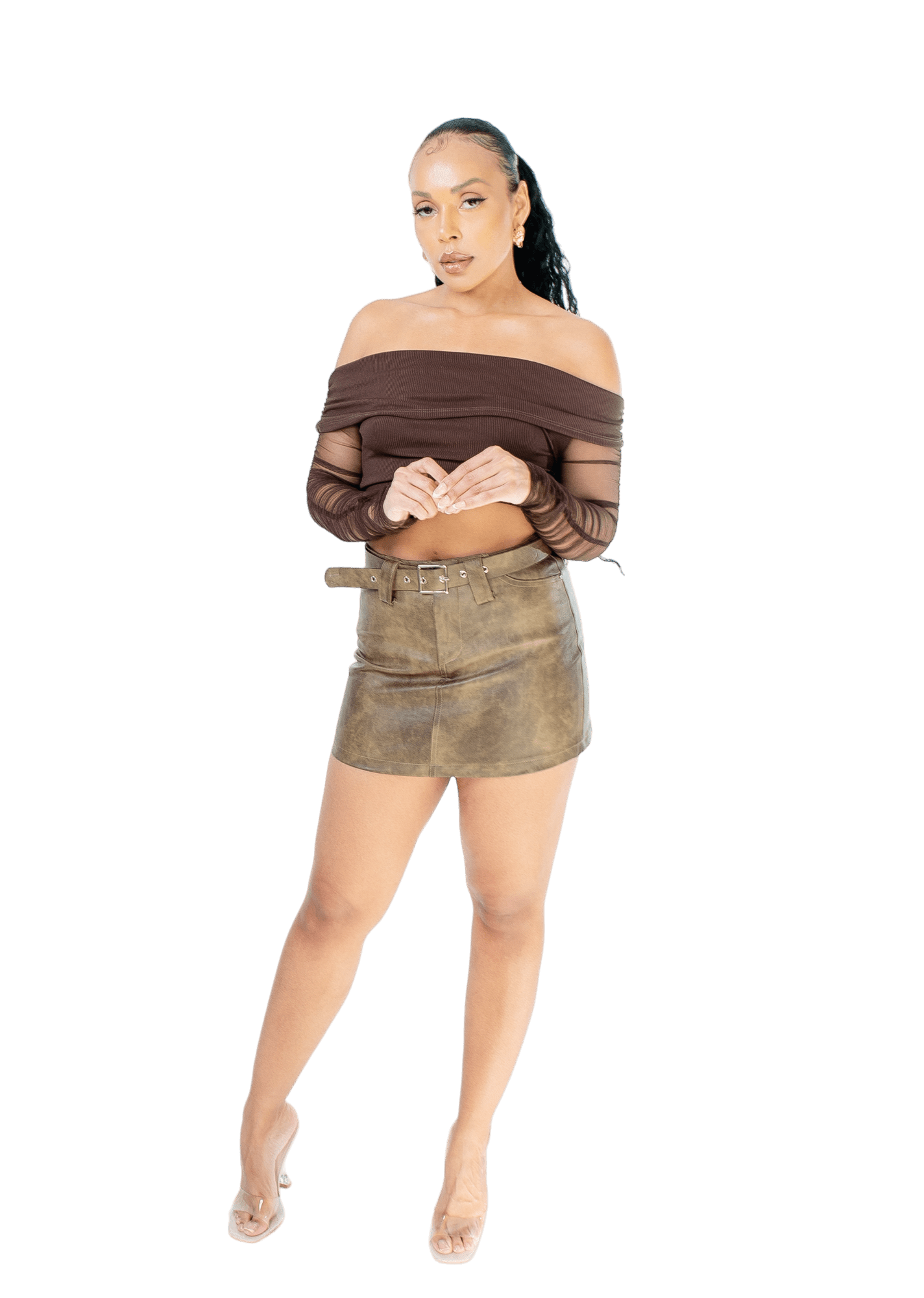 Off - Shoulder Mesh Sleeve Crop Top - GRLS CLUB