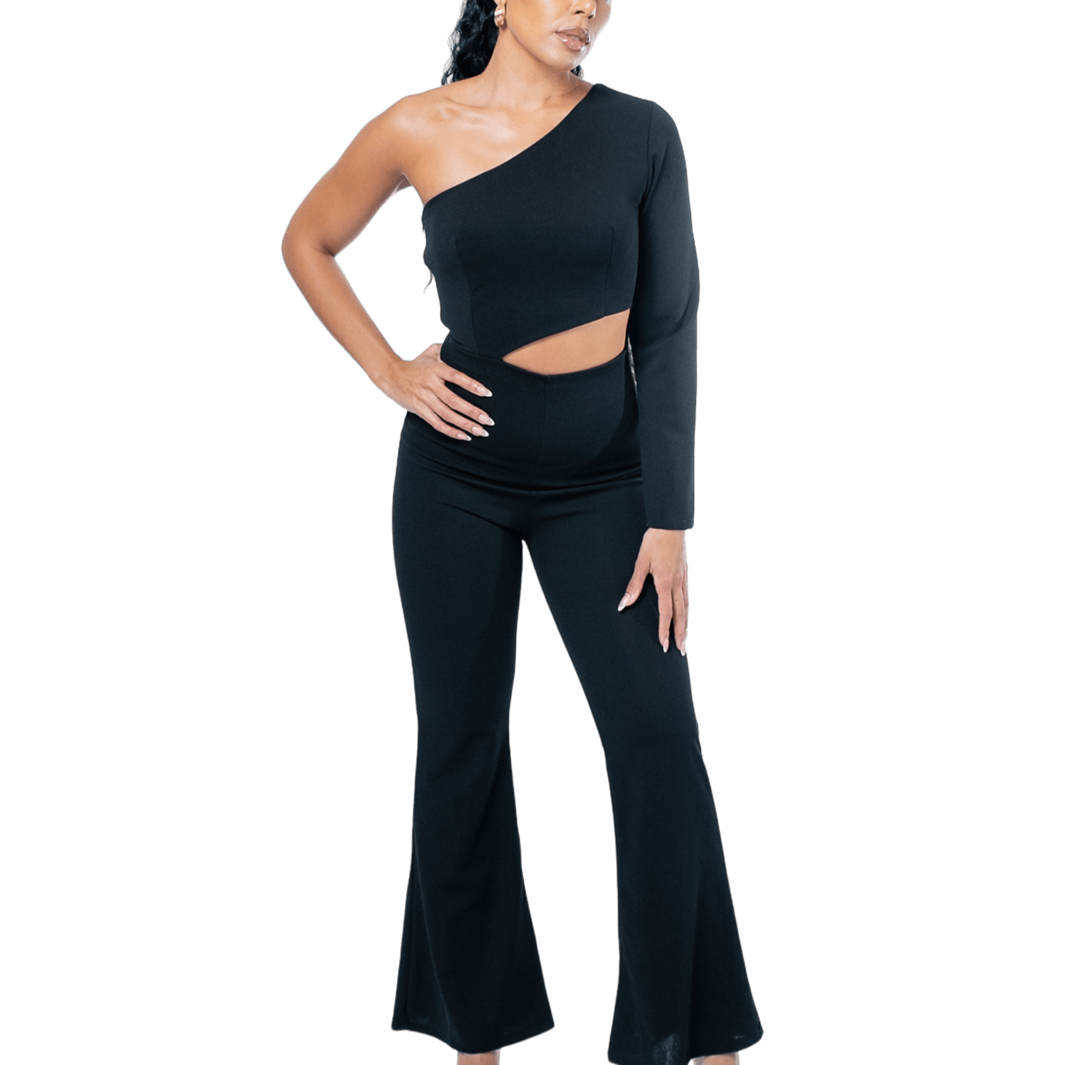 One - Shoulder Cutout Flared Jumpsuit - GRLS CLUB