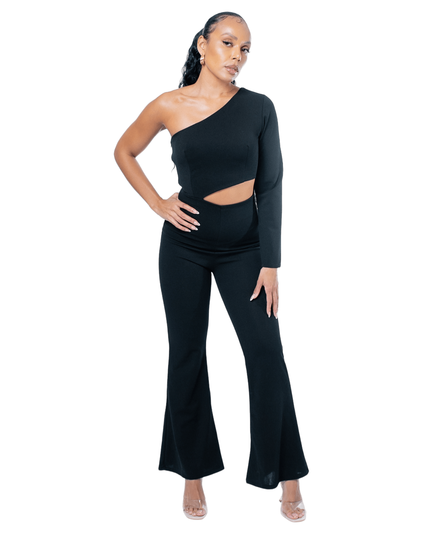 One - Shoulder Cutout Flared Jumpsuit - GRLS CLUB