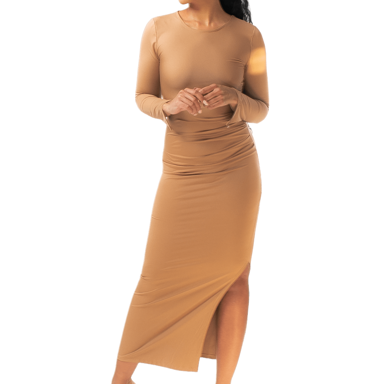 Ruched Thigh - Split Long - Sleeve Maxi Dress - GRLS CLUB