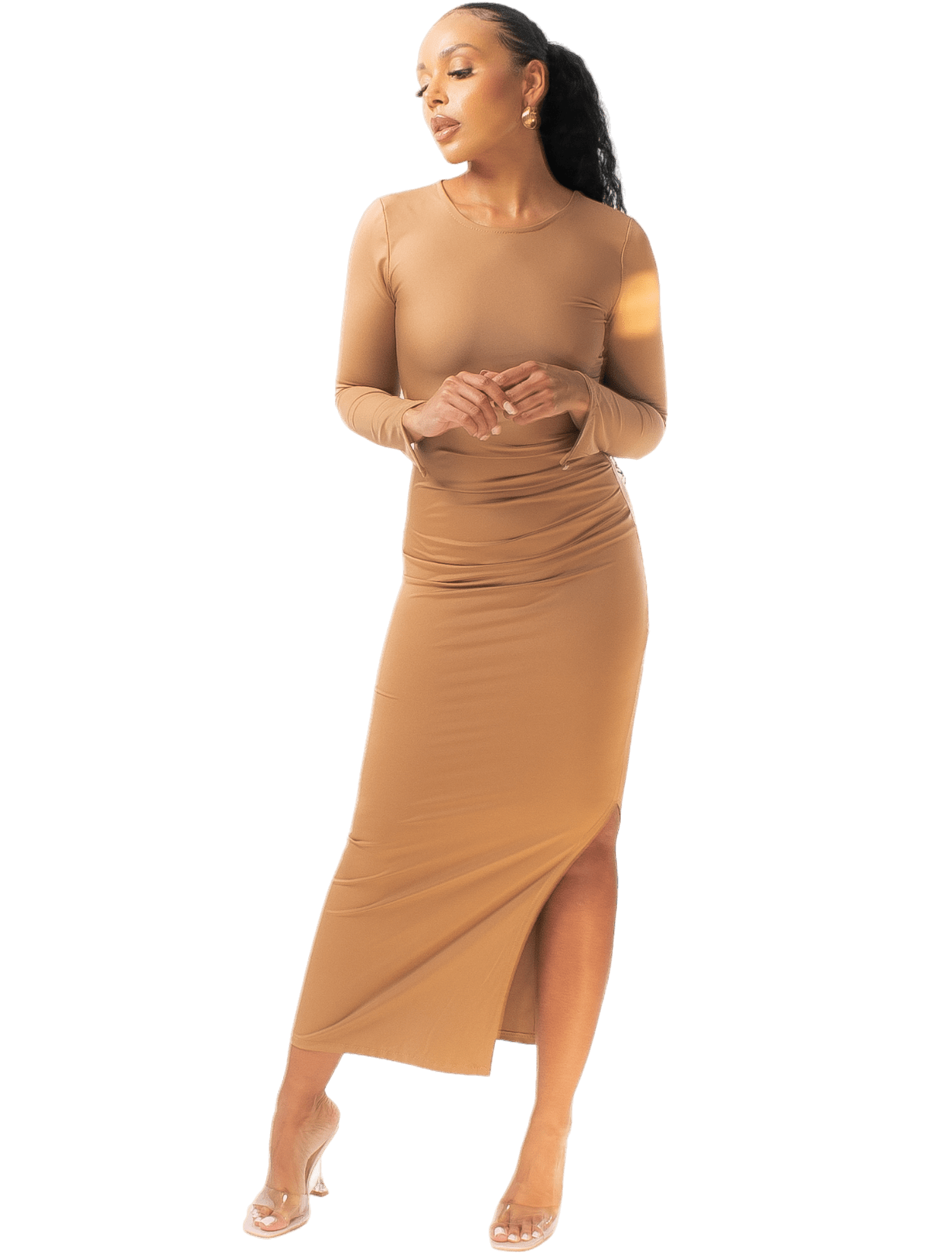 Ruched Thigh - Split Long - Sleeve Maxi Dress - GRLS CLUB